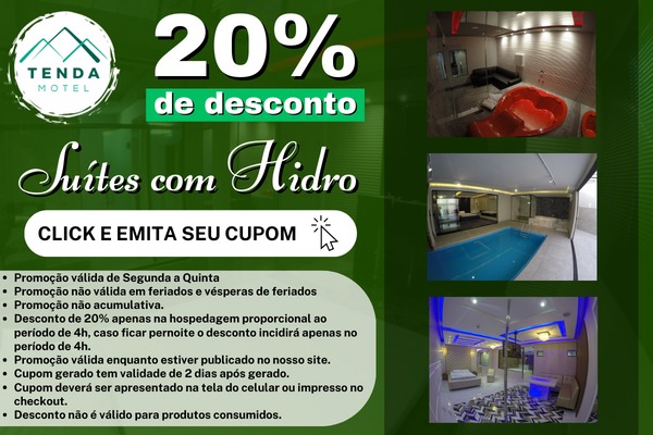 Promoção 20% desconto na hospedagem em Suite com Hidro